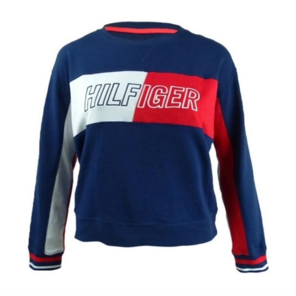 Tommy Hilfiger Logo Spellout Colorblocked French Terry Cropped Sweatshirt M‎